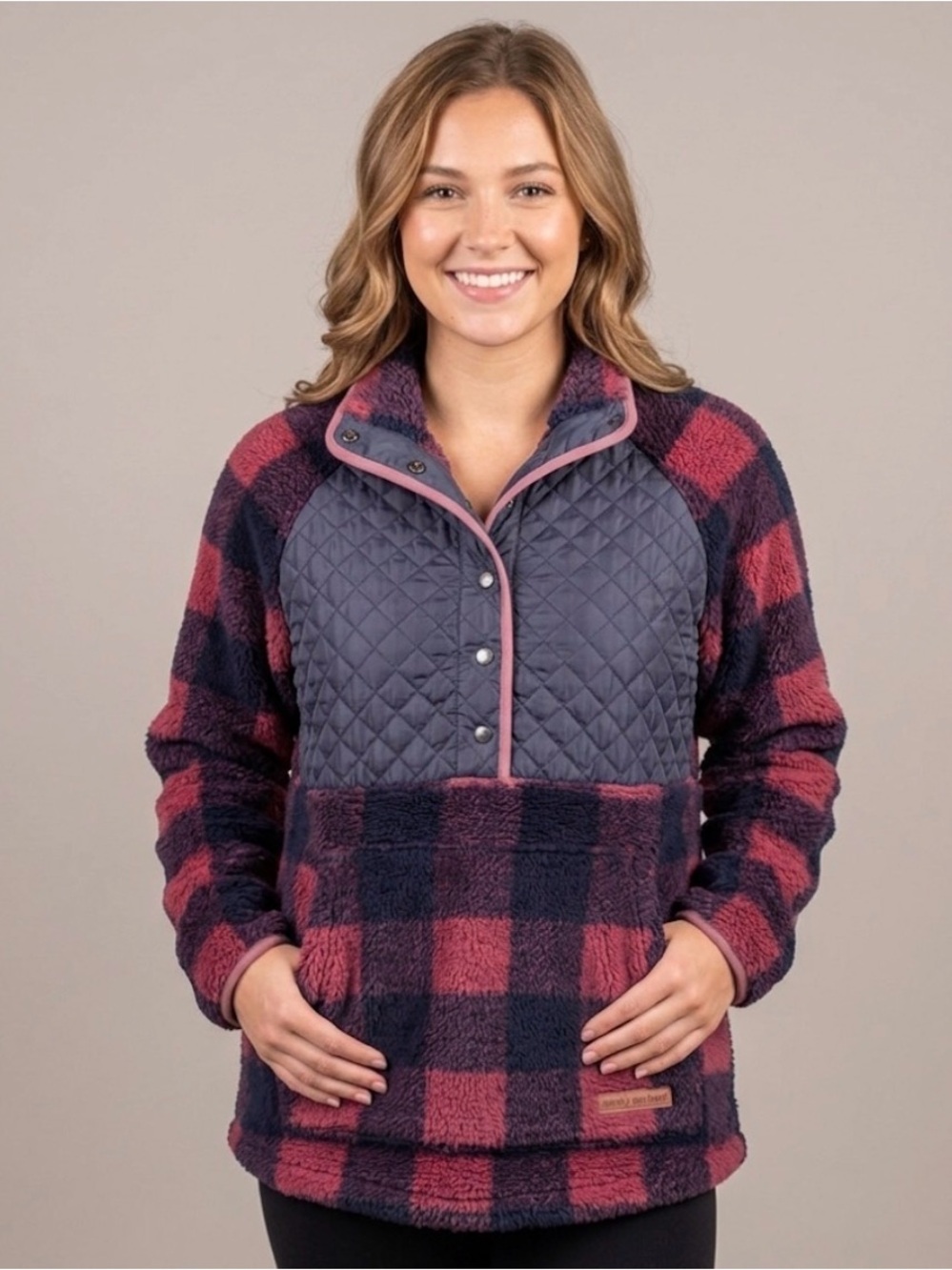 SIMPLY SOUTHERN Quilted Sherpa Fleece 1/4 Snap Henley Plaid Pullover Size S